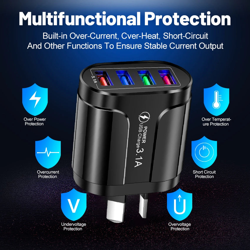 Australian USB Fast Charger AU Plug Quick Charger Mobile Phone Charger 3.1A Multiple 4 Ports USB Travel Adapter Wall Charger